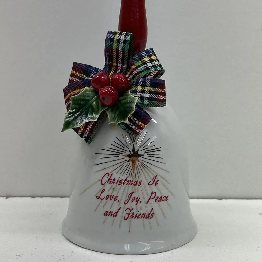 Christmas Is Love Joy Peace and Friends Bell Holly Bow‎ Wood Handle Holiday